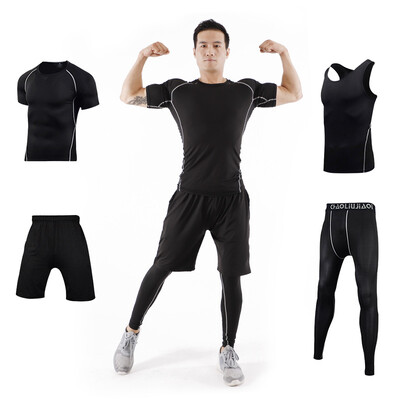 

Fan Dimu workout clothes sports suit four-piece fitness clothes tight compression clothing men&women training running clothes FNZ9001-black line - short sleeve four-piece -M