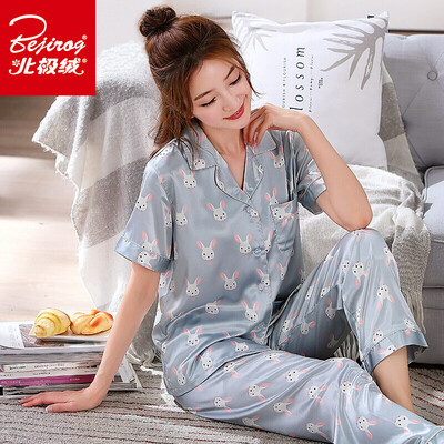 

Arctic velvet pajamas womens spinning silk home service youth Korean short-sleeved pajamas women pajamas temperament ladies home service suit blue gray rabbit XL