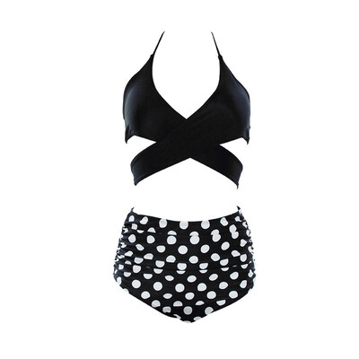 

Fashion Sexy Women Ruffle Swimwear Vintage High Waist Striped Bottom Bikini Set