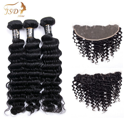 

JSDshine Brazilian 3 Bundles Deep Wave with Lace Frontal Human Hair Weave with 13x4 Closure Virgin Deep Wave Hair with Closure