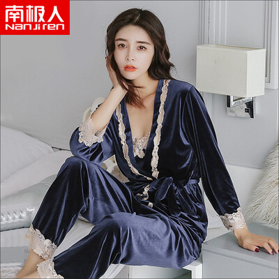 

Antarctic Nanjiren pajamas womens three-piece spring long-sleeved pajamas sexy Korean version of fresh students gold velvet autumn&winter womens pajamas Navy