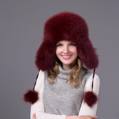 

FURART hot warm autumn&winter female Fox fur bomber hat snow cap fur womens hat ladies leather ear caps