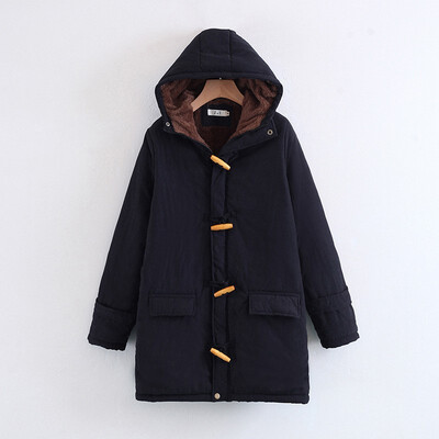 

2018 New Arrival Horn Button Lambskin Long Womens Cotton Coat Large Size Casual Slim Hooded Coat Outerwear Parka