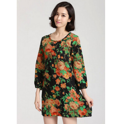 

Printed cotton large size women loose long-sleeved dress