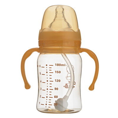 

Small do not point DOT newborn anti-flatulence easy to absorb PPSU gold wide mouth bottle handle silicone straw bottle 180ml yellow