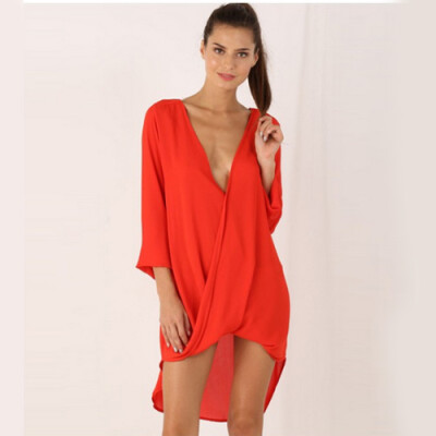 

Deep V front long after short-sleeved shirt dress casual loose