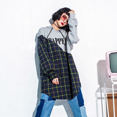 

Womens Spring 2018 New Hit Color Plaid Stitching Hooded Tide BF Long Long-sleeved Bottoming Sweatshirt for Women