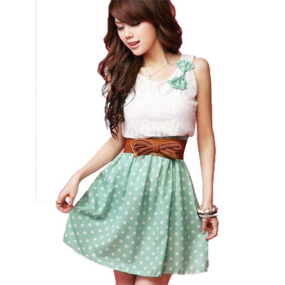 

New Korean Fashion Style Polka Dot Sweet Lovely Mini Dress Orange/Green Lace Top With Belt