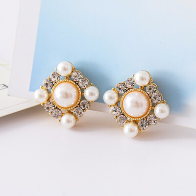 

2019 New Design Double Round Shape Rhinestone Clip on Earrings Without Piercing Fashion Simulated Pearl Ear Clip