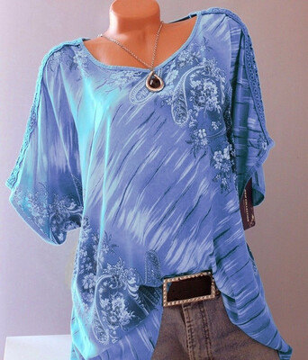 

2018 Women Casual Loose Summer Flower Print Fancy Tops Blouse Short Sleeve T-shirts Crochet Lace Up Tops