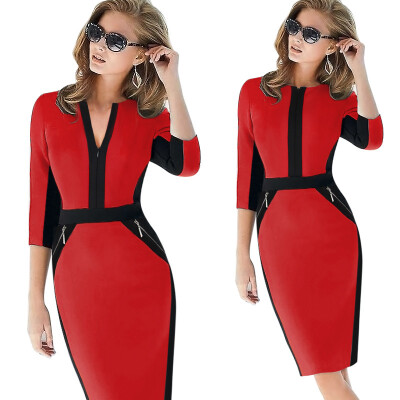 

New Fashion Women Autumn Work Elegant Patchwork Stretch Tunic Business Casual Office Formal Party Pencil Sheath Dress 797