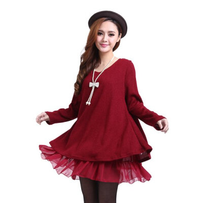 

Ladies Pregnant Long Sleeve Knit Wool Bowknot Tops Mini Loose dress 3 Colors