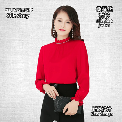 

Silk shirt 2019 spring&summer fashion silk slim slimming lotus leaf collar business casual large size autumn ladies shirt