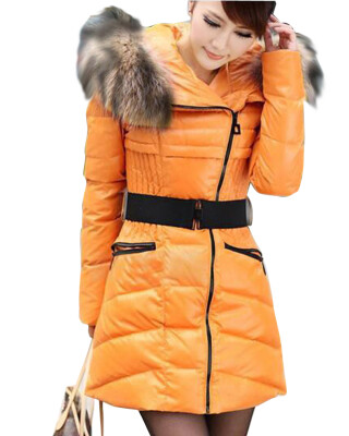 

women winter long hoodie slim down coat warm feather quilted jacket fur collar