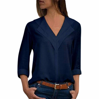 

2018 Women Ladies Sexy Solid V-neck Long Sleeve Shirt Tops
