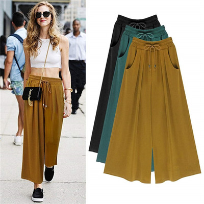 

2018 Spring European&American womens new fashion simple&pure color 9 points wide leggings loose large code pull rope wais