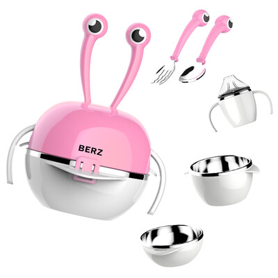 

Bayes BERZ childrens tableware baby food bowl childrens bowl portable 5 piece set 304 stainless steel bowl fork spoon baby cutlery set pink