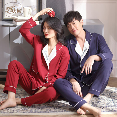 

Qingtong QingTong pajamas couples cotton autumn long-sleeved cardigan home service men&women loose simple wedding set 3375552 female models red