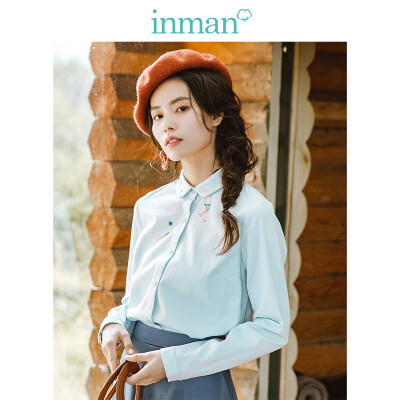 

INMAN 2018 winter new cotton girl sweet embroidered long-sleeved shirt shirt female 1884011150 sky blue S