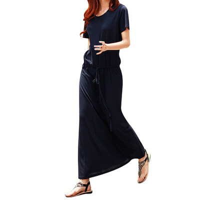 

Women Lady Short Sleeve Round Neck Casual Solid Plus Long Maxi Dress Summer US
