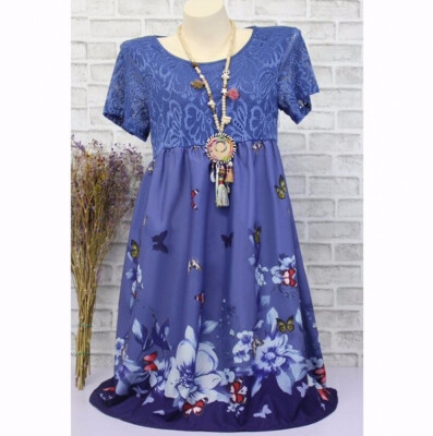 

New Fashion Women Lace Patchwork Short Sleeve Floral Print Dress Vintage Plus Size Midi Dress