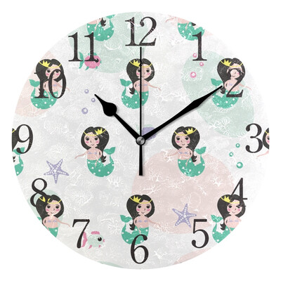 

Wall Clock Arabic Numerals Design Mermaid And Fishes Round