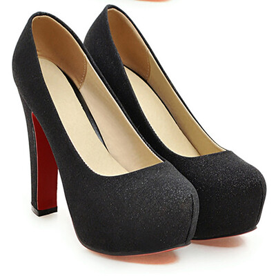 

IDIFU Womens Sexy Sequins Round Toe Chunky High Heel Bridal Shoes Platform Slip on Pumps