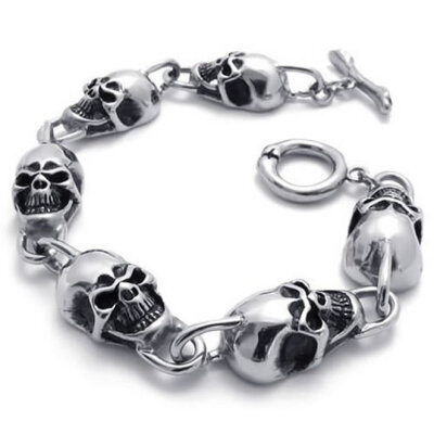 

Hpolw Heavy Vintage Silver Black Biker Gothic Skull Stainless Steel Mens Bracelet