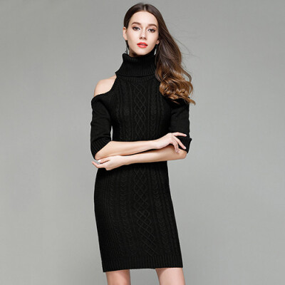 

PREISEI Autumn Winter Women Sexy Elegant Turtleneck Off Shoulder Half Sleeve Sheath Knee-Length Sweater Dress Vestido