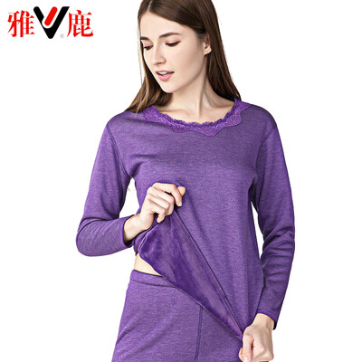 

Yalu thermal underwear men thickening plus velvet autumn clothes long pants suit de velvet thick warm underwear lovers suit female round neck deep purple