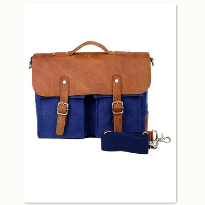 

Retro Crazy Horse Leather Canvas Mens Leather Crossbody Messenger Bag Blue