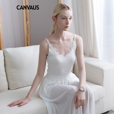 

CANVAUS New Womens Clothing Black White Lace Tanks Top Slim Sexy OL Casual Knitted V-neck Sleeveless Camisole Vest