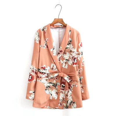 

2018 New Fashion Deep V-neck Floral Print Casual Women Blazers Belt Autumn Slim Office Lady Coat