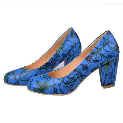 

IDIFU Womens Elegant Floral Print Round Toe Low Cut Wide Width Work Shoes Block Heel Pumps