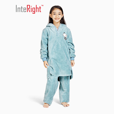 

INTERIGHT parent-child home service Shurou flannel plus velvet thickening hooded cartoon home service suit girls lake green 140