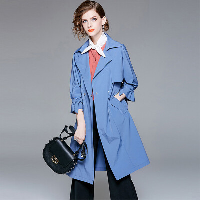 

Her pool womens 2018 autumn&winter new solid color lapel long-sleeved loose long windbreaker coat coat T83Z1836A5L blue