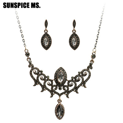 

Bohemia Gray Crystal Vintage Jewelry Sets For Women Dangle Earring Hollow Flower Pendant Necklace Turkish Antique Wedding Bijoux