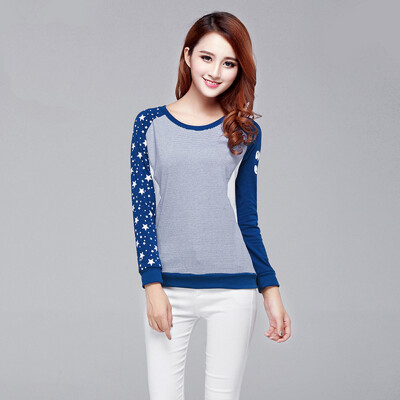 

Splicing sleeve round neck stripe star pattern