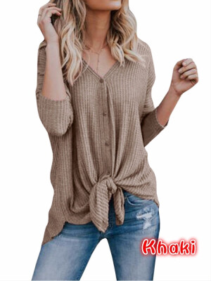 

2018 Womens Long Sleeve Button Up Knits Casual Knot Ties Weaters Sexy Off Shoulder Sweaters