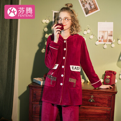 

Fen Teng 2018 autumn&winter new coral fleece cartoon hooded long-sleeved casual suede pajamas ladies home service ladies pajamas X98931377 wine red XL