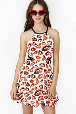 

New Womens Red Lips Print Sleeveless Tank Mini Dress Waist Hollow PU Leather Trim