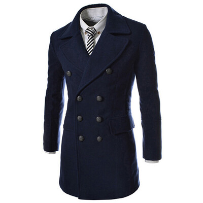

Zogaa New Men's Wool Coat Autumn And Winter Double-breasted Long Leather Collar Splice