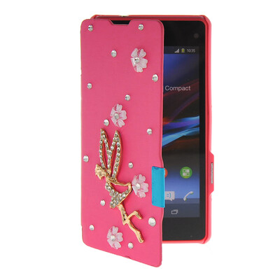 

MOONCASE Rhinestone Crystal Ultre Slim Leather Side Flip Wallet Back ЧЕХОЛ ДЛЯ Sony Xperia Z1 Compact (Mini) Hot pink
