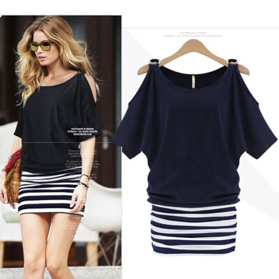 

Womens Summer Short Sleeve Striped Stitching Off shoulder Dress