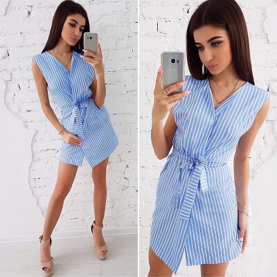 

Summer New Ladies Stripe Print Dresses Casual V-Neck Sleeveless Loose Dress