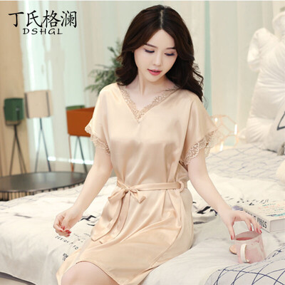 

Dings grate pajamas womens nightdress female summer solid color set of ice silk sexy temptation sexy lingerie home service J44729 skin color code