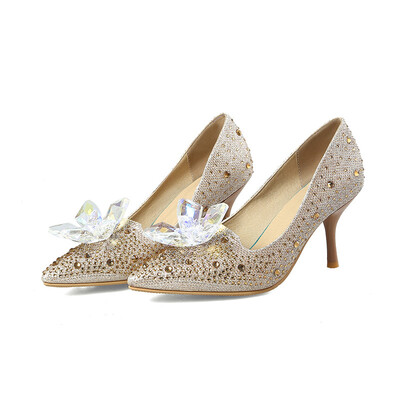 

IDIFU Sexy Rhinestone Pointed Toe Pump - Flowers Low Cut - Slip on Stiletto High Heels Wedding Shoes