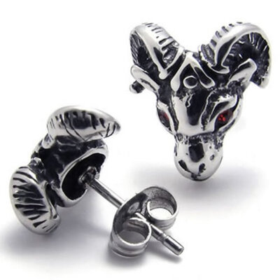 

Hpolw Vintage Stainless Steel CZ Aries Unisex Men Stud Earrings Set, 2pcs, Silver Red