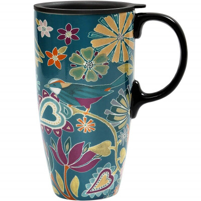 

Travel Coffee Ceramic Mug Porcelain Latte Tea Cup With Lid 17oz Floral Symphony Teal