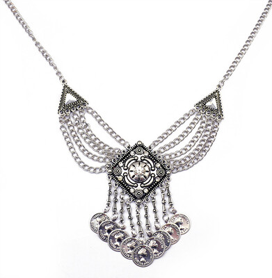 

Idealway Bohemian Vintage Silver Alloy Chain Charm Crystal Coin Tassel Pendant Necklaces Females Jewelry